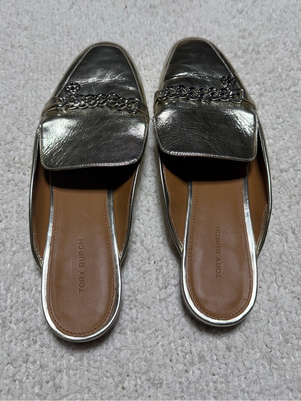 Tory Burch Metallic Gold Leather Chain Loafer Mule Slides 10.5